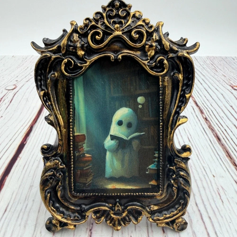 Ornate Gold and Black Ghost Reading Art Print Decoupage Resin Frame 4.75
